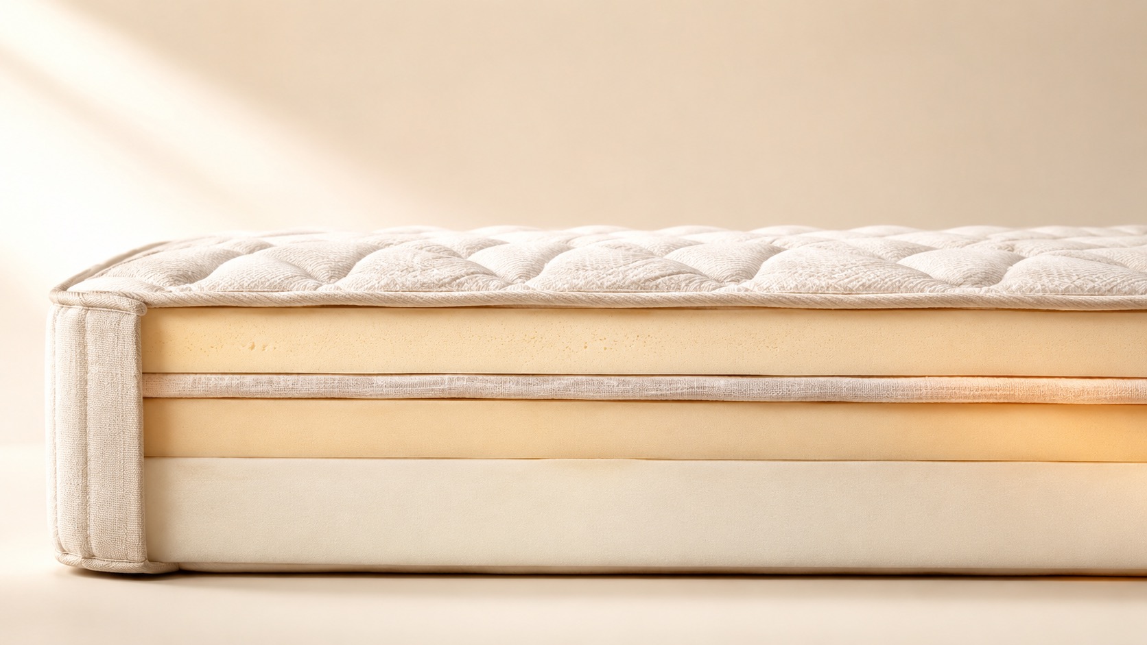 Cross-section layers of a premium mattress showing cover, comfort foam, transition layer, and support core — the materials covered in this mattress materials guide.