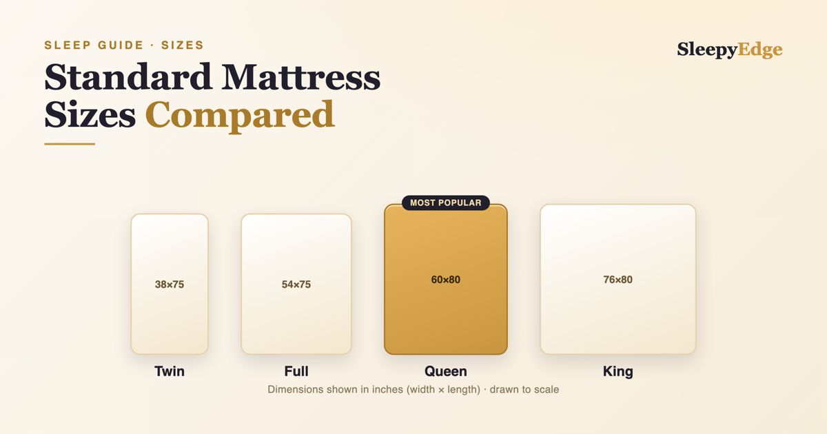 Mattress size comparison chart drawn to scale showing Twin (38 by 75 inches), Full (54 by 75 inches), Queen (60 by 80 inches, the most popular size), and King (76 by 80 inches).