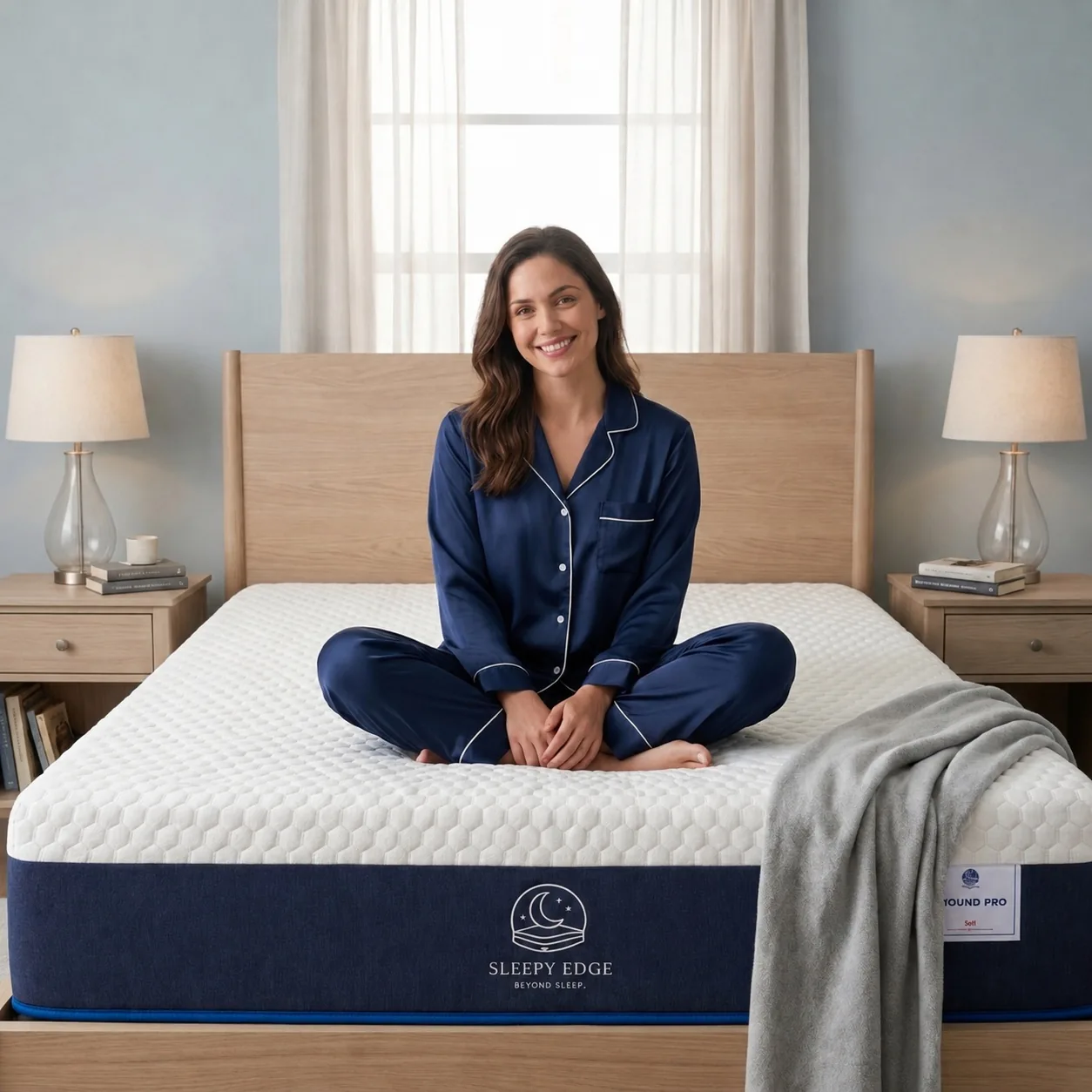 Woman sitting on Sleepy Edge premium mattress